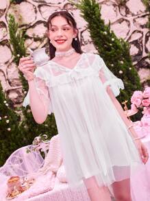 ROMWE Kawaii Contrast Lace Bow Decor Ruffle Hem Dress - White - View 3