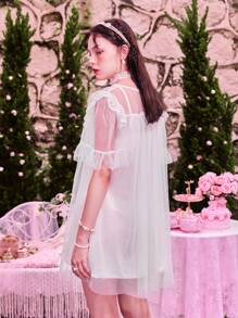 ROMWE Kawaii Contrast Lace Bow Decor Ruffle Hem Dress - White - View 4