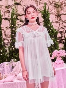 ROMWE Kawaii Contrast Lace Bow Decor Ruffle Hem Dress - White - View 5