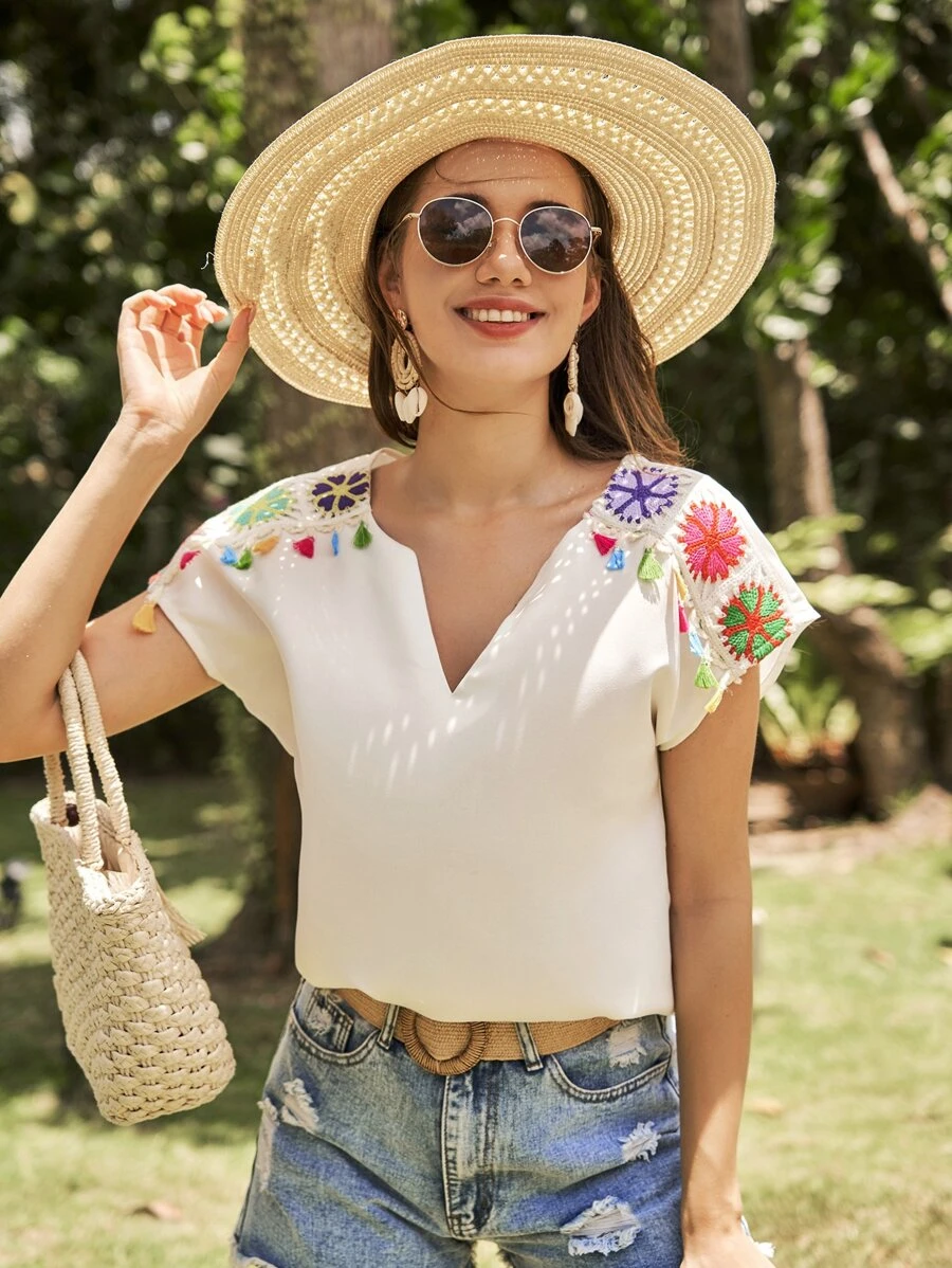 SHEIN VCAY Floral Pattern Fringe Detail Notched Neck Blouse - White - View 1