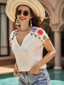 SHEIN VCAY Floral Pattern Fringe Detail Notched Neck Blouse - White - View 4