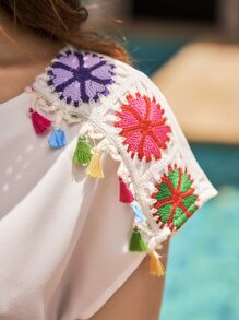 SHEIN VCAY Floral Pattern Fringe Detail Notched Neck Blouse - White - View 5