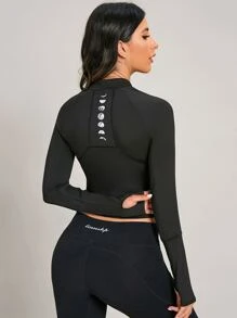 Cazadora deportiva con estampado de luna agujeros de pulgar de manga raglán - Negro - Ver 1