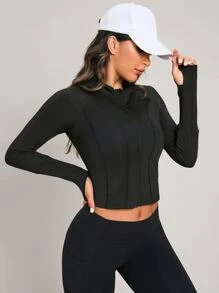 Cazadora deportiva con estampado de luna agujeros de pulgar de manga raglán - Negro - Ver 4