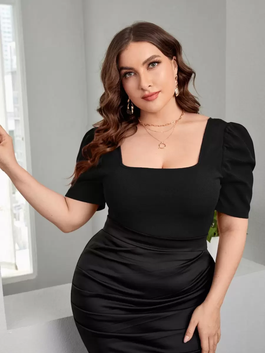 SHEIN Privé Áo thun Plus size màu trơn Thanh lịch - màu đen - Xem 1