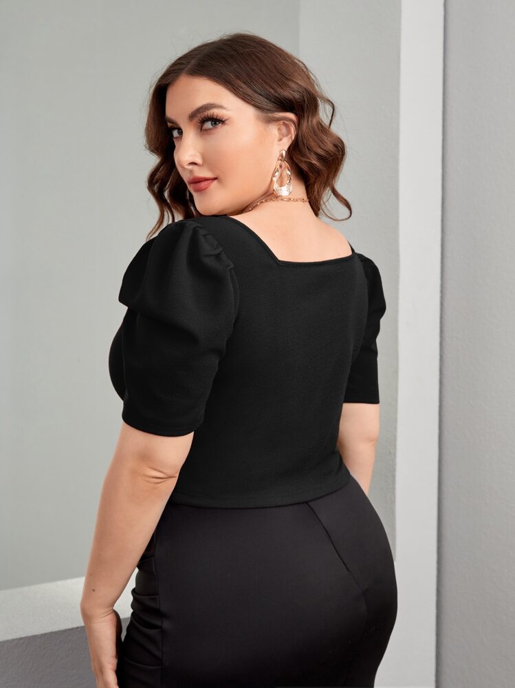 SHEIN Privé 大碼方領泡泡袖T恤 - 黑色 - 查看 2
