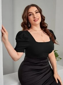 SHEIN Privé Áo thun Plus size màu trơn Thanh lịch - màu đen - Xem 5