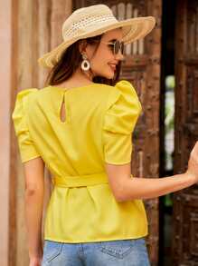 SHEIN VCAY Áo sơ mi nữ Thắt lưng Nút màu trơn Thanh lịch - Màu vàng - Xem 3