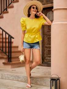 SHEIN VCAY Áo sơ mi nữ Thắt lưng Nút màu trơn Thanh lịch - Màu vàng - Xem 5