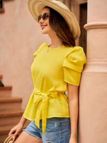 SHEIN VCAY Áo sơ mi nữ Thắt lưng Nút màu trơn Thanh lịch - Màu vàng - Xem 6