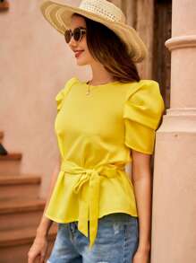 SHEIN VCAY Áo sơ mi nữ Thắt lưng Nút màu trơn Thanh lịch - Màu vàng - Xem 7