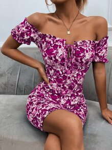 SHEIN Privé Floral Print Off Shoulder Frill Trim Knot Front Bodycon Dress - Multicolor - View 1