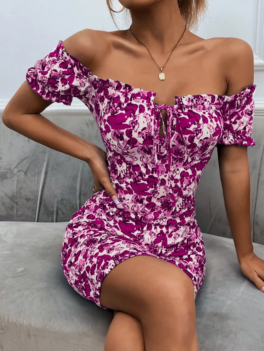 SHEIN Privé Floral Print Off Shoulder Frill Trim Knot Front Bodycon Dress - Multicolor - View 1