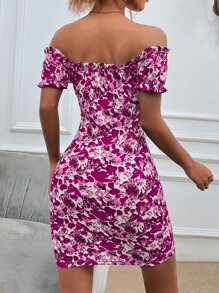 SHEIN Privé Floral Print Off Shoulder Frill Trim Knot Front Bodycon Dress - Multicolor - View 2