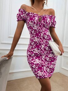 SHEIN Privé Floral Print Off Shoulder Frill Trim Knot Front Bodycon Dress - Multicolor - View 3