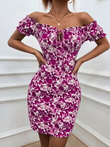 SHEIN Privé Floral Print Off Shoulder Frill Trim Knot Front Bodycon Dress - Multicolor - View 4