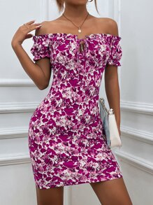 SHEIN Privé Floral Print Off Shoulder Frill Trim Knot Front Bodycon Dress - Multicolor - View 5