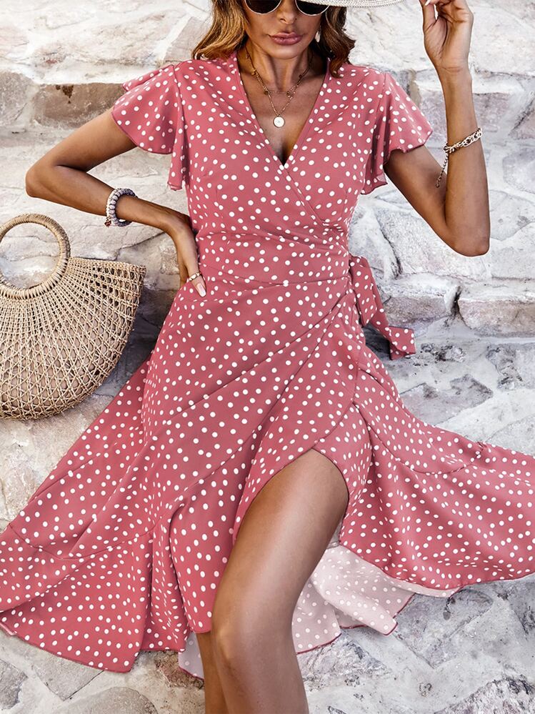 SHEIN VCAY Polka Dot Print Butterfly Sleeve Knot Side Ruffle Trim Wrap Dress - Dusty Pink - View 1
