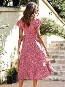 SHEIN VCAY Polka Dot Print Butterfly Sleeve Knot Side Ruffle Trim Wrap Dress - Dusty Pink - View 2