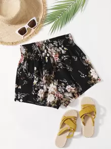 SHEIN VCAY Plus Floral Print Shirred Waist Shorts - Black - View 1