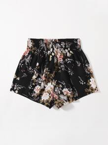 SHEIN VCAY Plus Floral Print Shirred Waist Shorts - Black - View 2