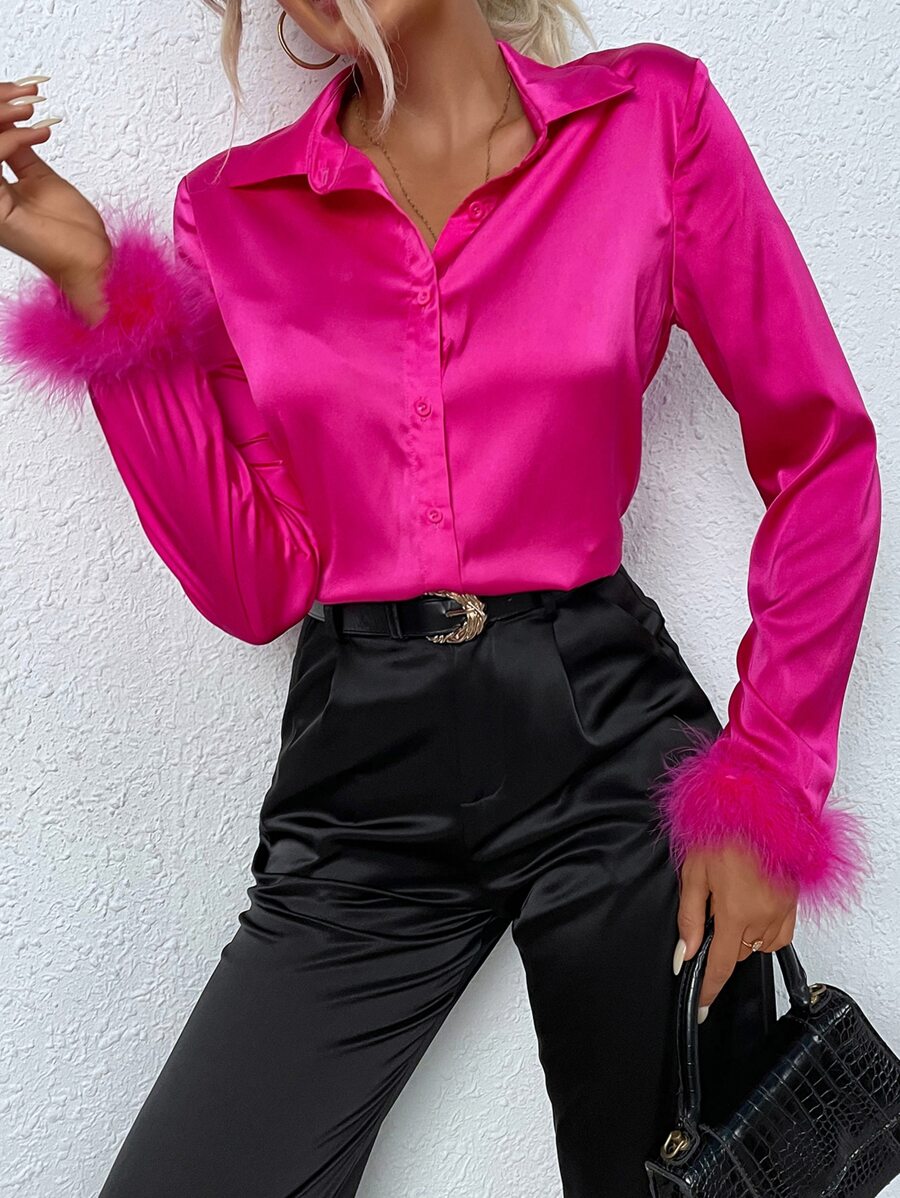 Allurite Fuzzy Cuff Satin Shirt - Hot Pink - View 1
