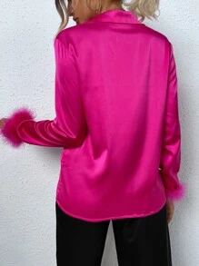Allurite Fuzzy Cuff Satin Shirt - Hot Pink - View 2