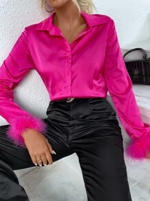 Allurite Fuzzy Cuff Satin Shirt - Hot Pink - View 3