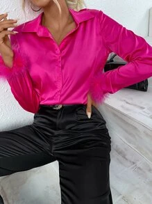 Allurite Fuzzy Cuff Satin Shirt - Hot Pink - View 6