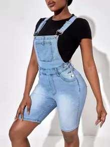 SHEIN SXY Slant Pocket Denim Dungaree Romper Without Tee - Light Wash - View 1