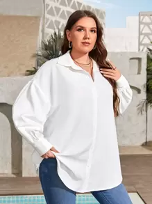 SHEIN VCAY Camisa de hombros caídos de manga obispo - Blanco - Ver 3