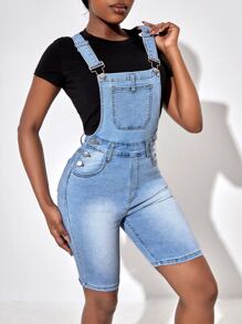 SHEIN SXY Slant Pocket Denim Dungaree Romper Without Tee - Light Wash - View 5
