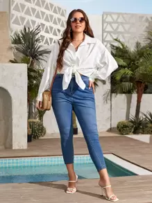 SHEIN VCAY Camisa de hombros caídos de manga obispo - Blanco - Ver 4