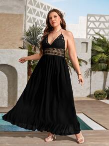 SHEIN VCAY Plus Guipure Lace Insert Tie Backless Ruffle Hem Maxi Halter Dress - Black - View 4