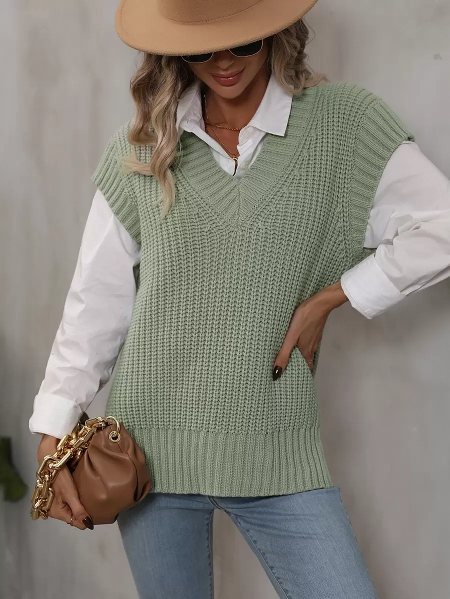 Ribbed Knit Split Side Sweater Vest Without Blouse - Green - View 1