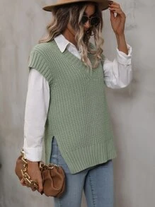 Ribbed Knit Split Side Sweater Vest Without Blouse - Green - View 3