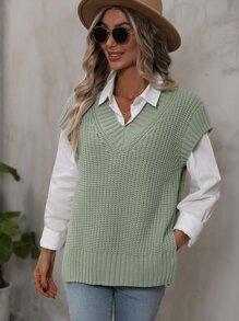 Ribbed Knit Split Side Sweater Vest Without Blouse - Green - View 4
