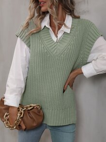 Ribbed Knit Split Side Sweater Vest Without Blouse - Green - View 5