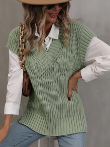 Ribbed Knit Split Side Sweater Vest Without Blouse - Green - View 6