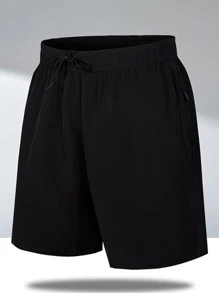 Men Drawstring Waist Zip Pocket Shorts - Black - View 1