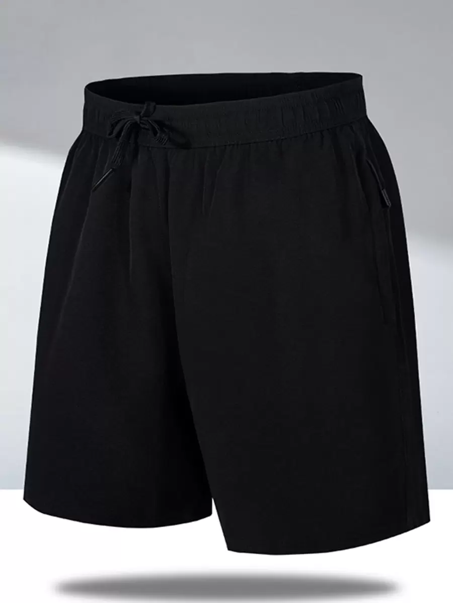 Men Drawstring Waist Zip Pocket Shorts - Black - View 1