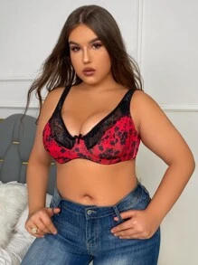 Plus Floral Print Lace Panel Bow Front Underwire Bra - Red - View 1