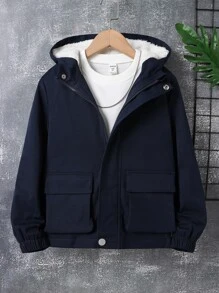 Boys Flap Pocket Teddy Lined Hooded Jacket Without Pullover - Navy Blue - View 1