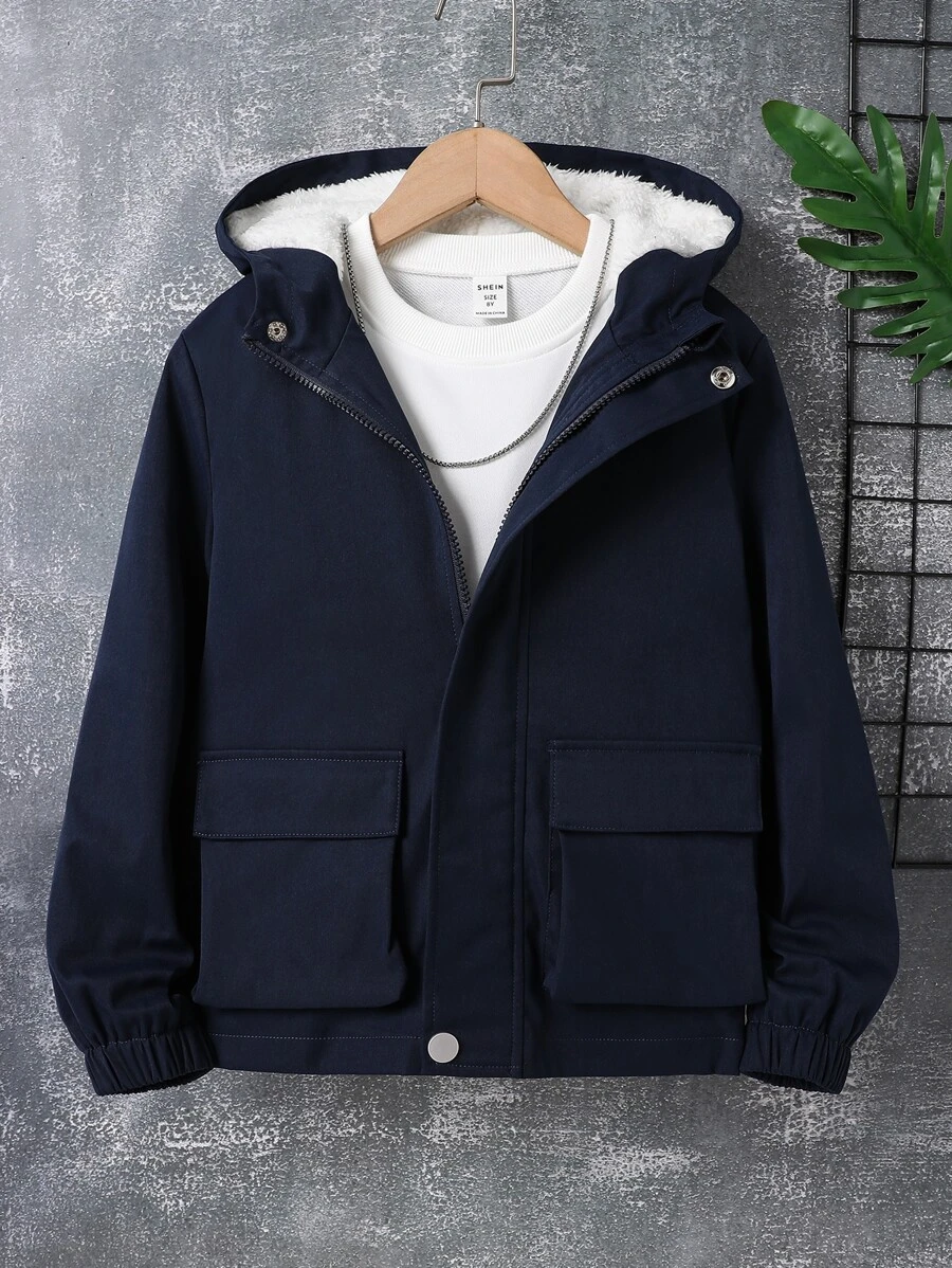 Boys Flap Pocket Teddy Lined Hooded Jacket Without Pullover - Navy Blue - View 1