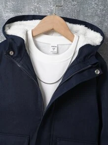 Boys Flap Pocket Teddy Lined Hooded Jacket Without Pullover - Navy Blue - View 3