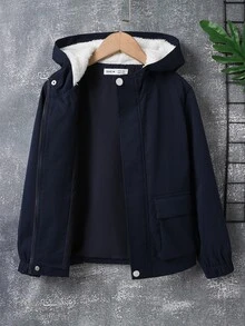 Boys Flap Pocket Teddy Lined Hooded Jacket Without Pullover - Navy Blue - View 5