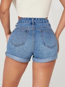 SHEIN PETITE Ripped Roll Hem Denim Shorts - Medium Wash - View 2
