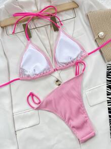 SHEIN Swim Summer Beach Two Tone Tie Back Triangle Thong Bikini Set - Pink - View 2