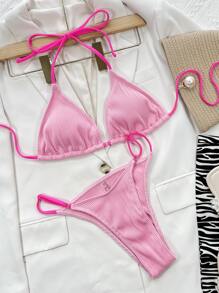SHEIN Swim Summer Beach Two Tone Tie Back Triangle Thong Bikini Set - Pink - View 3