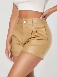 SHEIN PETITE High Waisted Slant Pocket Denim Shorts - Khaki - View 1